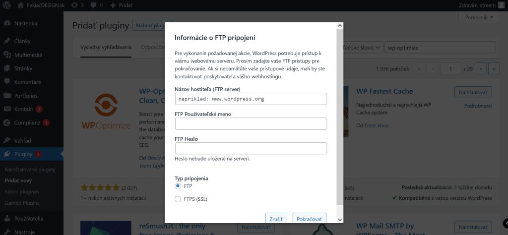 Pri inštalácii témy, pluginu sa vyžadujú FTP údaje