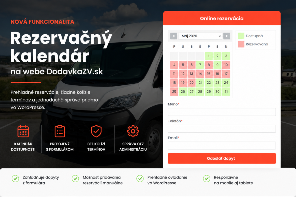 Rezervačný kalendár na WordPress webe DodavkaZV.sk pre prenájom dodávky