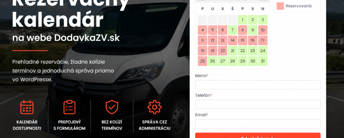 Rezervačný kalendár na WordPress webe DodavkaZV.sk pre prenájom dodávky