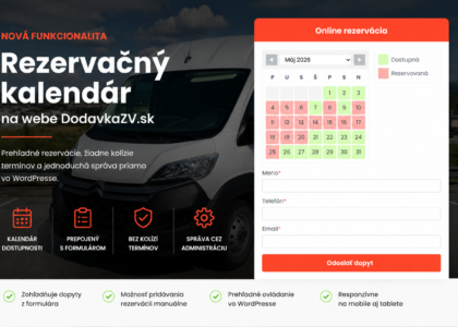 Rezervačný kalendár na WordPress webe DodavkaZV.sk pre prenájom dodávky