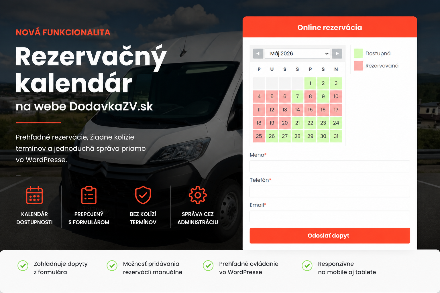 Rezervačný kalendár na WordPress webe DodavkaZV.sk pre prenájom dodávky